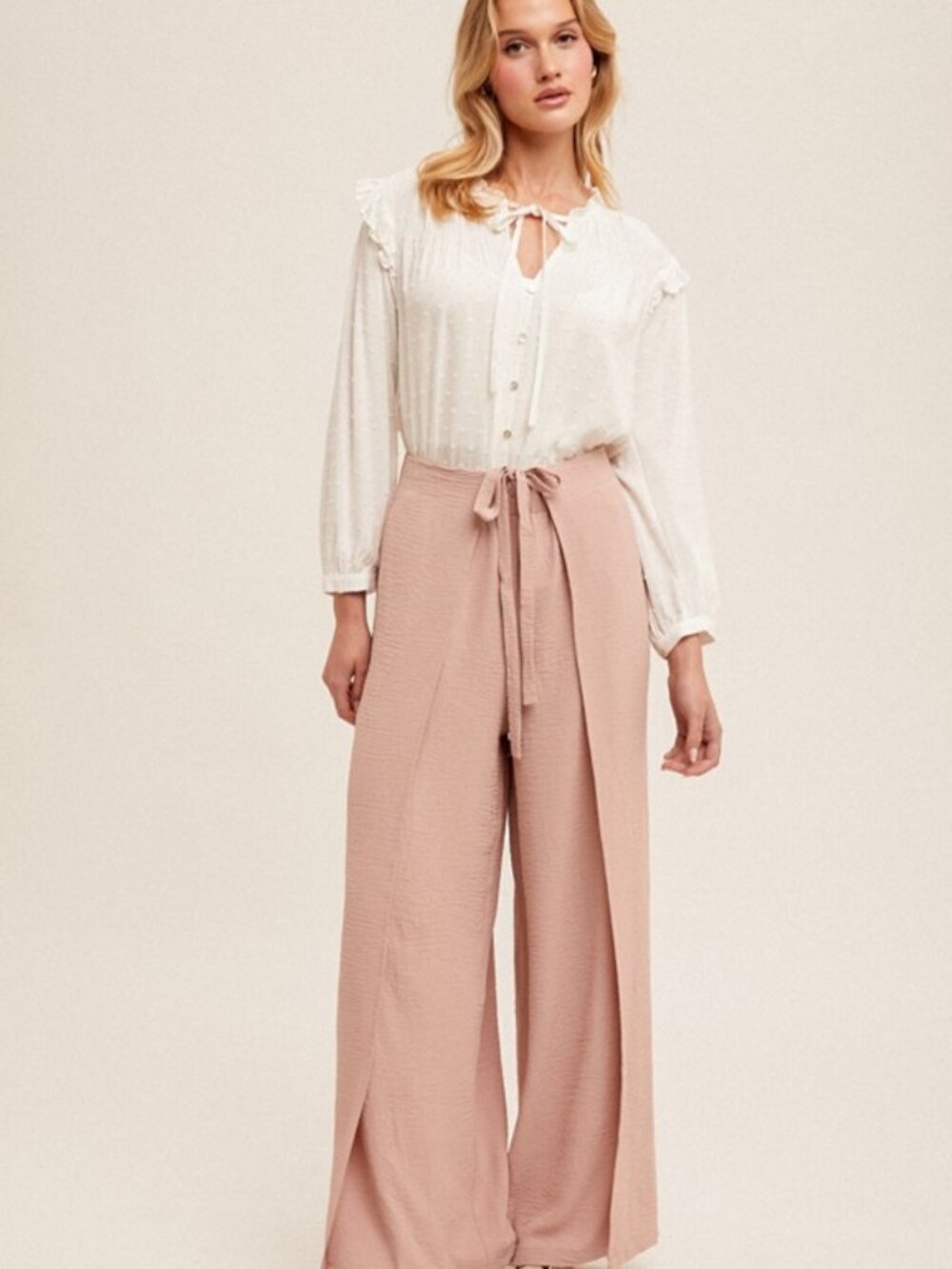 NIP Hem & Thread Overlapping Wrap Self-Tie Waist Wide Leg Pants in Mauve
